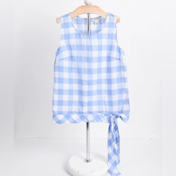 J.Crew Womens Blouse Top Blouse Tie Waist Linen Sz 0 Blue White Checked - Picture 1 of 3